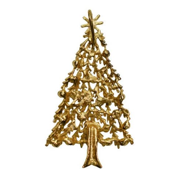 1980s Gold Plate Multi Colored Rhinestones White Enamel Christmas Tree Pendant - Picture 2 of 4